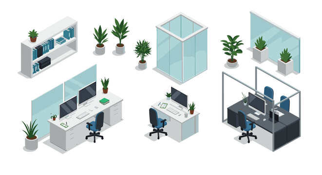 Isometric office workspace with desks, plants, and glass partition walls