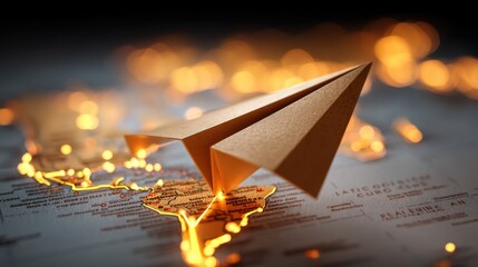 Paper airplane on a map with glowing lights. Travel and adventure concept on a global exploration journey.