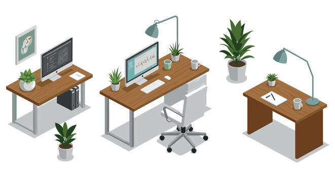 Modern office workspace with computers and plants in isometric design