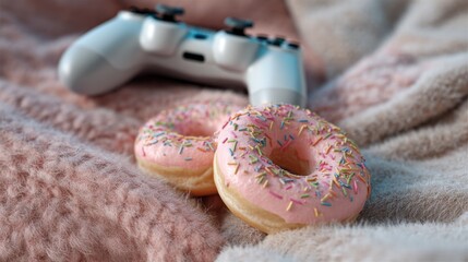 Pink frosted doughnut with sprinkles on fluffy plaid. Cozy gaming and snack concept. Sweet snack for gamer leisure.