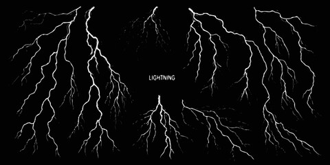 Collection of white lightning bolts striking against a black background with the word lightning in the center © Raju