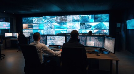 Man sits in a control room, monitoring multiple screens displaying camera footage and data. Surveillance room with real-time video feeds for security or traffic control.