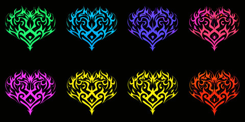 Collection of eight tribal flame heart designs in various vibrant neon colors on a black background