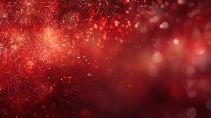 Red firework explosion against a sparkling bokeh background. Festive celebration concept for holiday season greeting card and party invitation design.