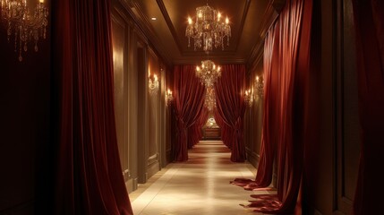 Fototapeta premium Luxurious hallway interior with red velvet curtains and glittering crystal chandeliers, creating elegant and exclusive atmosphere for hospitality design.