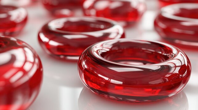 Several red glossy abstract ring shapes like blood cells displayed on a white reflective surface, representing science, medicine or creative design.