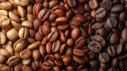 Fototapeta premium Coffee bean gradient showing different roasting levels from light to dark roast, a close up background texture for coffee industry and cafe.