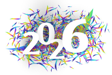 2026 year vector design, white number over rainbow confetti scattered. 2026 New Year calendar cover or banner.