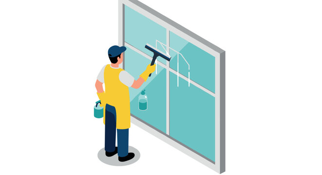 Isometric window cleaner in action with equipment and tools on glass surface