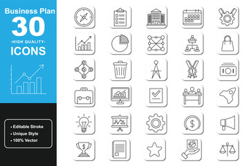 Business Plan Icons Set 2025 – Strategy Line Vector Symbols & Editable Design Pack
