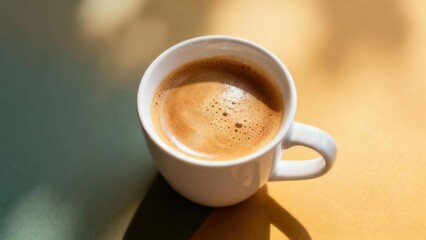 White ceramic mug filled with rich espresso sits upon a surface illuminated by contrasting bright sunlight and shadow.