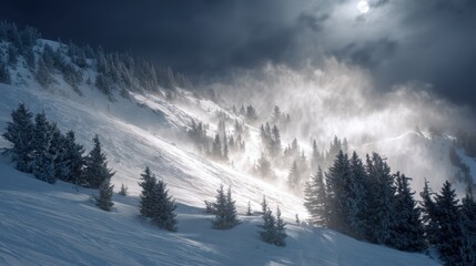 Obraz premium Snowy pine forest on a mountain slope with full moon and dramatic sky, bright light from fog. Winter landscape for travel and nature concept.
