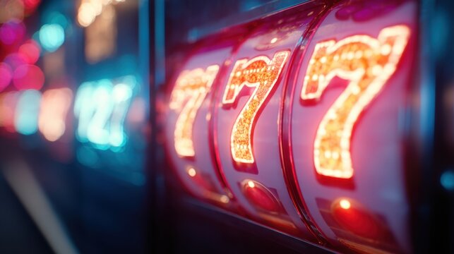 Close-up of a slot machine with three glowing sevens, symbolizing a jackpot or win in gambling. Casino and gaming concept with bright lights.