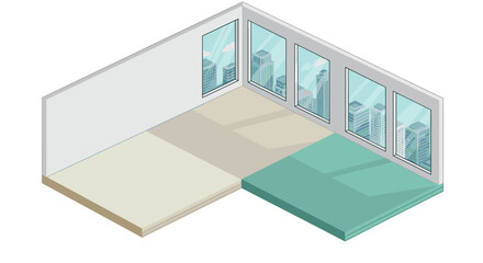 Modern isometric room with city view windows and neutral tones