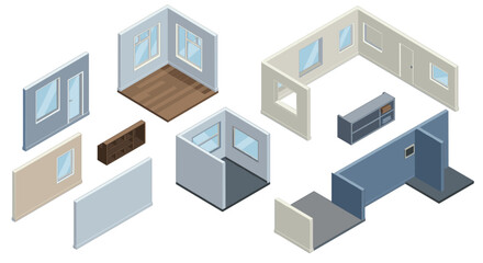 Fototapeta premium Modern isometric interior elements with modular design for creative room planning