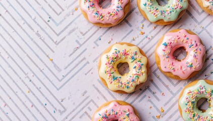 Colorful donuts with sprinkles on a patterned surface, top view.