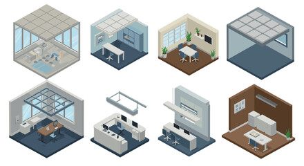 Naklejka premium Modern isometric office interiors set with minimalist designs and furniture