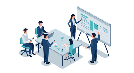 Isometric office meeting team collaboration and presentation in a modern workspace