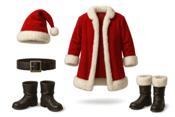 Santa claus costume pieces, including red jacket, hat, black boots and belt, on transparent background for christmas