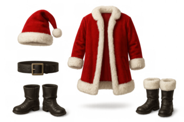 Santa claus costume pieces, including red jacket, hat, black boots and belt, on transparent background for christmas