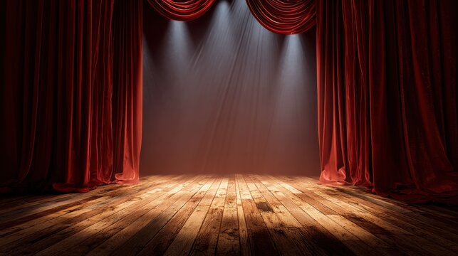 Stage with red velvet curtains and wooden floor illuminated by spotlight. Theatre concept for performance, show, or presentation.