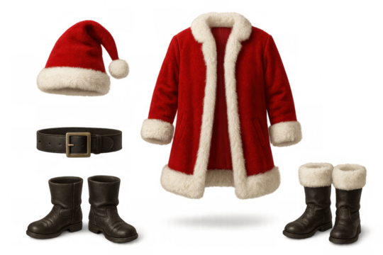 Santa claus costume pieces, including red jacket, hat, black boots and belt, on transparent background for christmas