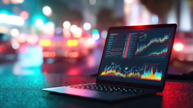 Laptop with colorful financial stock charts on screen, displaying market data and trading graphs for crypto currency investment analysis