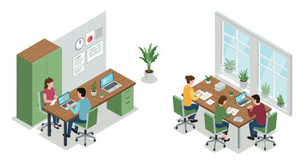 Modern office workspace isometric design with team collaboration and meeting areas