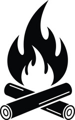 Simple black campfire icon with burning flames and crossed logs, ideal for outdoor and camping designs.