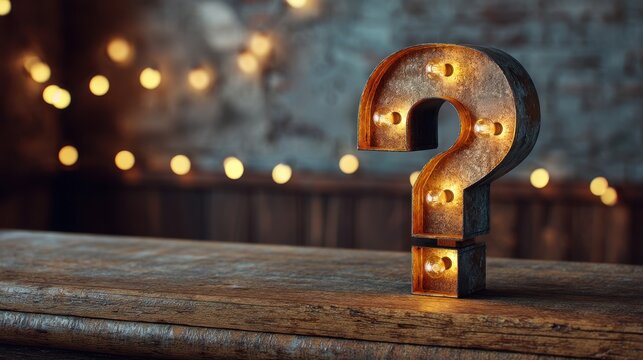 Marquee light question mark with glowing bulbs on a rustic wooden table. Symbol of inquiry and uncertainty for business challenge or creative solution.