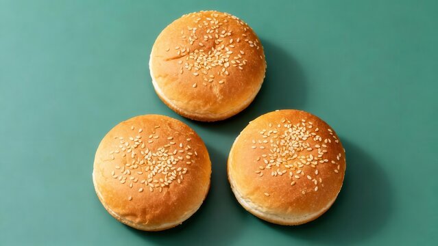Three golden baked bread rounds topped with sesame seeds are arranged on a solid teal background