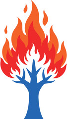 Stylized burning tree logo design with blue trunk and branches and vibrant orange-red flames icon