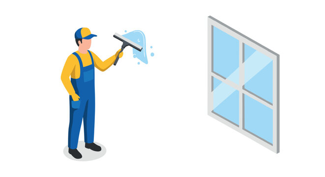 Professional window cleaner in blue overalls using squeegee on glass pane - Powered by Adobe