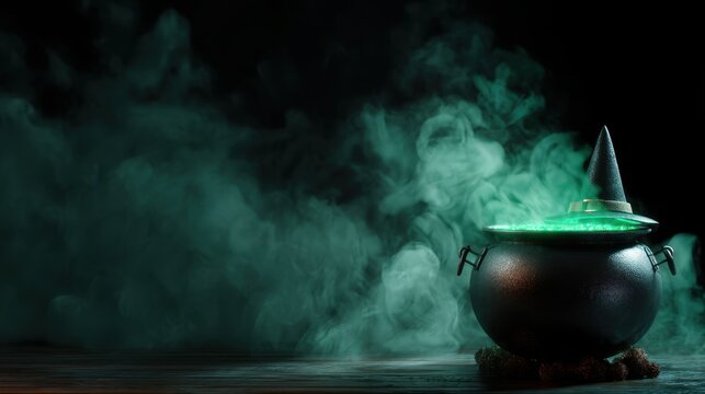 Witch's cauldron with glowing green potion and smoke on a dark background. Scary Halloween concept for holiday decoration and party.