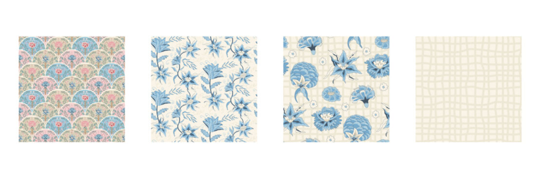Floral indian chintz seamless pattern collection. Flower scallop aop endless backgrounds set. Chintz retro repeat cover. Fabric farmhouse design continuous ornament. Vector wildflower background.