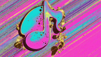 Vibrant Abstract Music Note with Gold Accents on a Dynamic Pink and Blue Background.