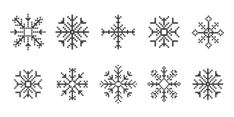 Set y2k pixel art snowflake winter crystal, retro 8 bit mosaic ornament. Ice seasonal design element, background. 90s aesthetics vintage games.