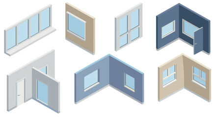 Isometric room interiors with windows and doors