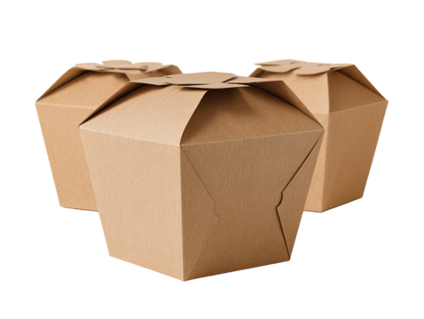 Three stacked, light beige, octagonal food containers.  Folded, sturdy cardboard construction.  Overlapping lids
