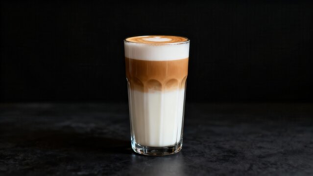 Tall layered coffee beverage with milk and foam rests on a dark surface against a black background