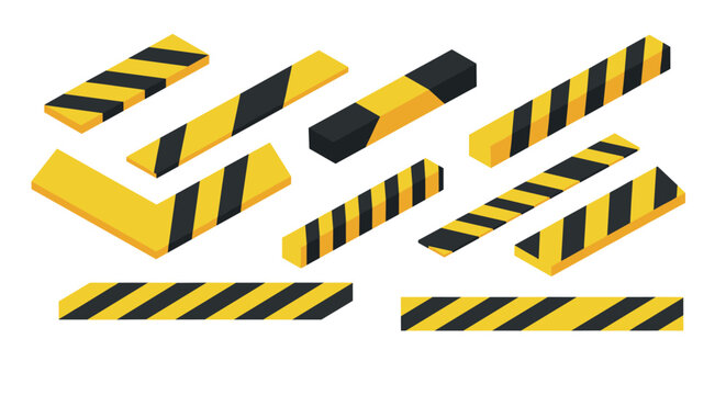 Isometric yellow and black striped construction barriers set