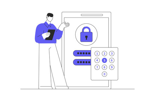 Developer setting security system for protect data account and user key password for login phone application. Flat Cartoon Vector Illustration, icon Stylish abstract design landing page web