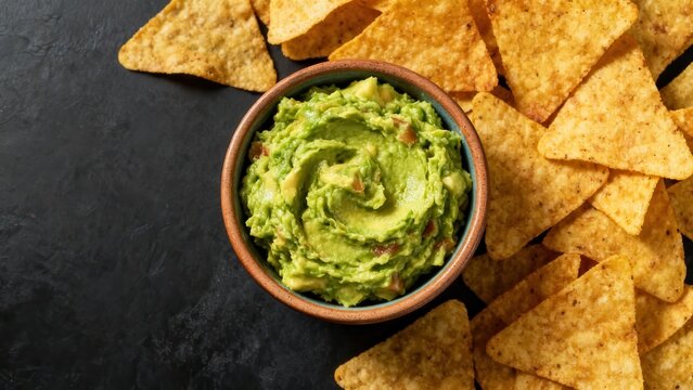 Bowl of fresh avocado dip surrounded by corn chips rests on dark textured surface
