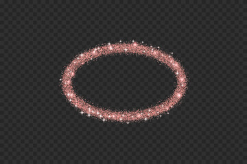 Rose gold glitter ellipse frame. Stardust Christmas confetti border. Pink glitter thin oval text box. Party shimmering geometric callout. Vector illustration on transparent background.