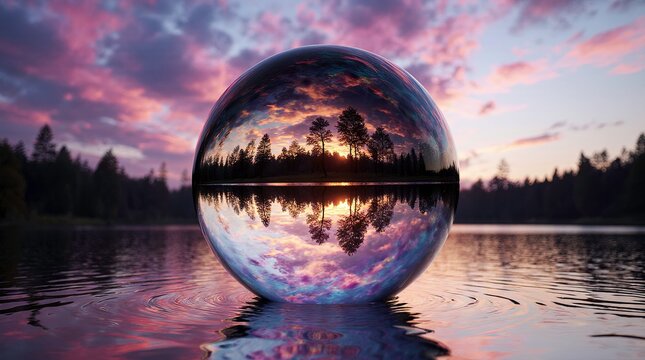 Glass sphere placed on a reflective water surface capturing a surreal sunset landscape within. Inside the ball, a serene forest and lake scene is distorted and mirrored, trees silhouetted.