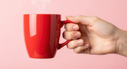Red Mug in Hand Enjoying a Warm Beverage Steam Holding Hot Drink Comfort Concept Self Care Mug Steam Aromatherapy Relaxation Break