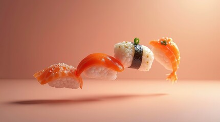 Different pieces of sushi floating in air isometric perspective product