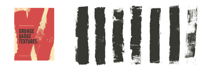 Set of long black roller rough textures. Ink paint brush straight strokes. Rectangle grange text boxes. Wide eroded streaks set. Quotation grunge textures. Vector wall ink rolled borders elements.