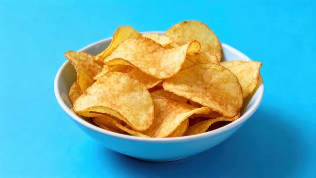 Crispy fried potato slices fill a light colored ceramic bowl set against a vibrant blue background.