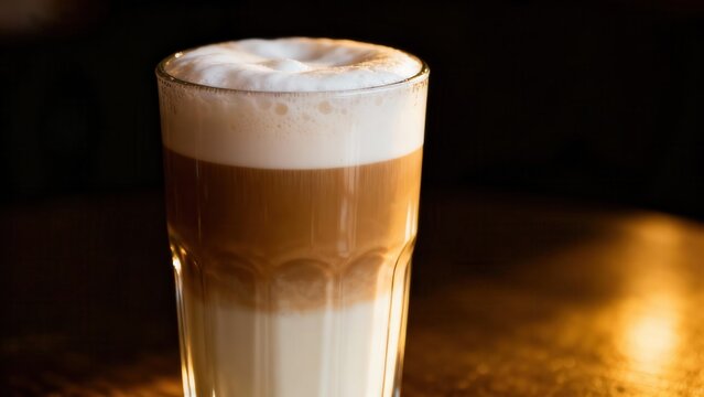 Tall layered coffee beverage with frothy white topping sits on a warm illuminated surface